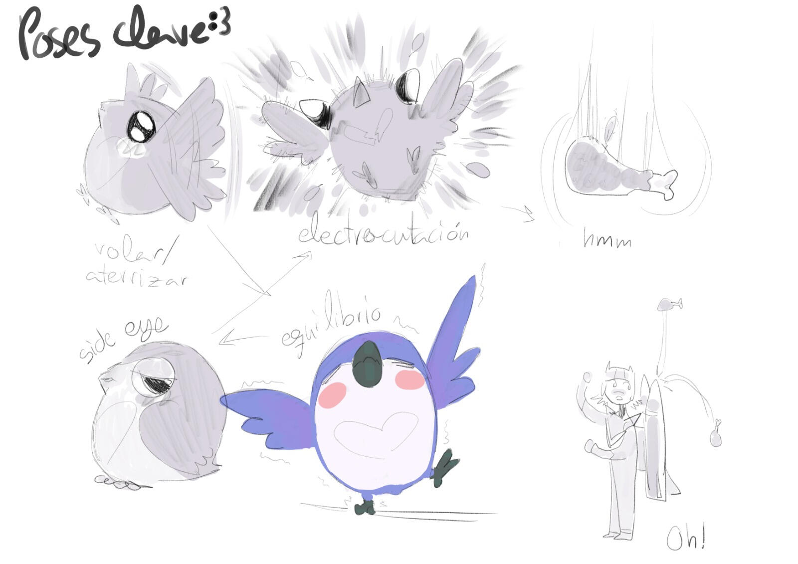 Flying / Landing, Maintaning Equilibrium, Side eye, Electrocution, Chicken Thigh.